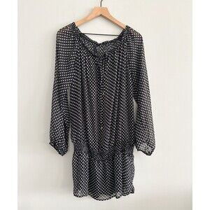 Jones New York Sheer Boho Peasant Tunic Top Black Polka Dots Size XL